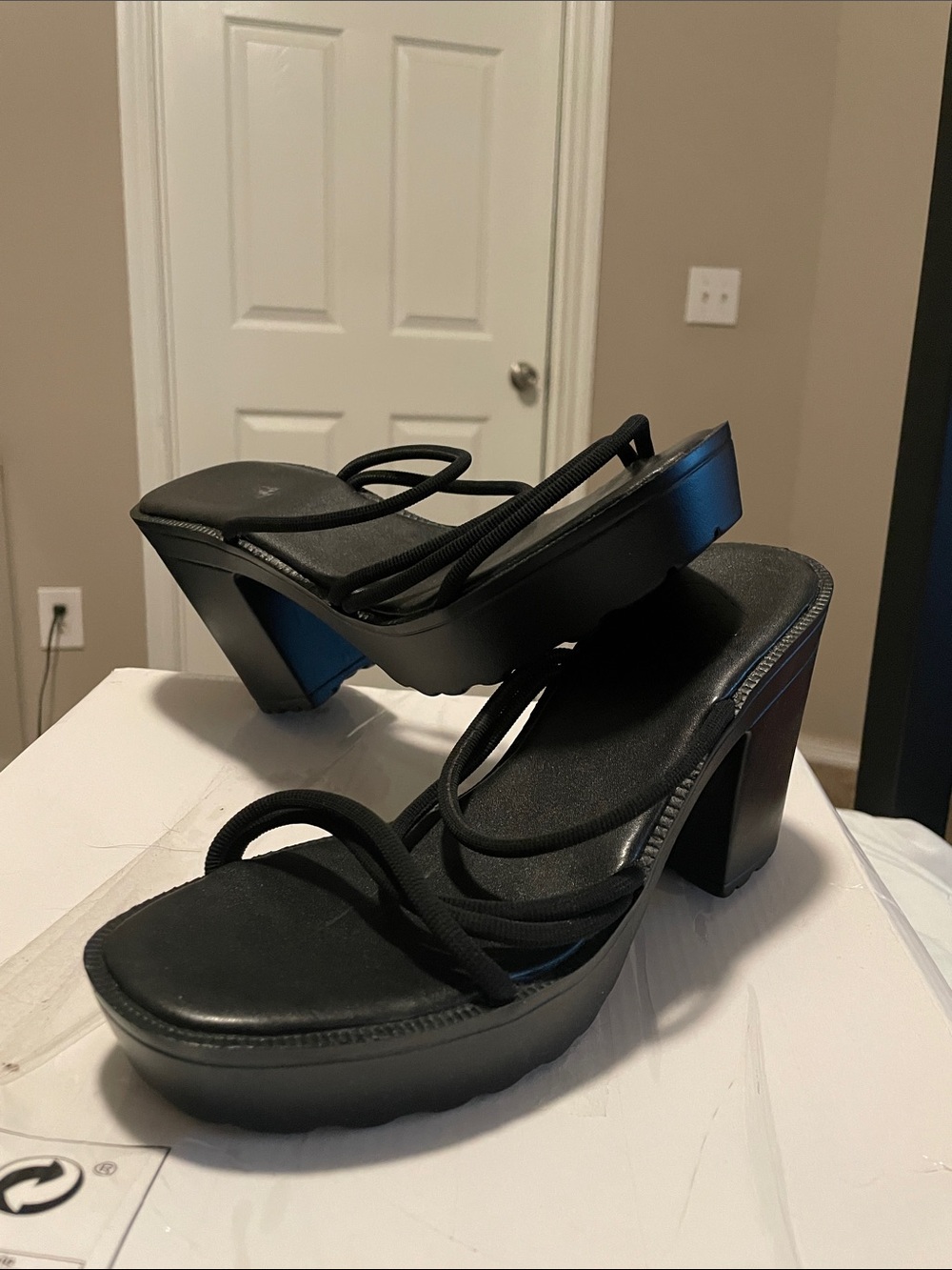 Black Strappy Platform Heeled Sandals - Women